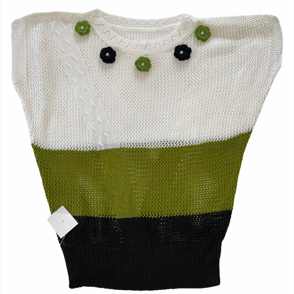 Short Sleeve Open Crochet Knit Sweater Large Pearl